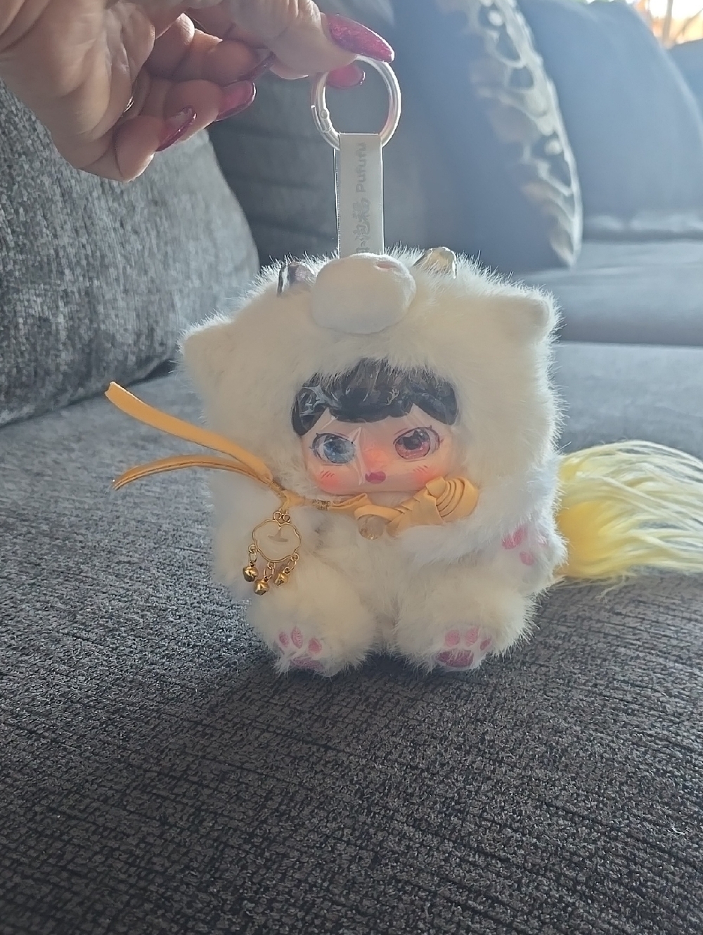 White Plush Character Keychain/Bag Charm with Yellow Accents